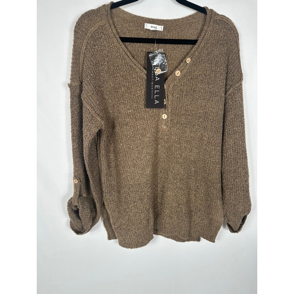 MINE Cocoa Brown Textured Button‎ Neck Knit Sweater Size Small